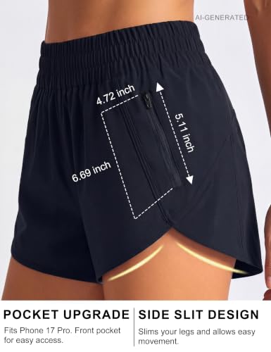 Image of BMJL Women's Athletic Shorts Running Workout Shorts Gym High Waisted Summer Short with Waistband Pocket | built-in liner,thick elastic waistband,split side,comfy fabric,zipper pocket,longer back,workout,athletic,curved back line