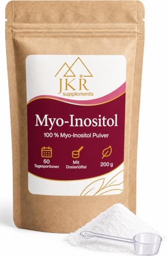 JKR Supplements Myo-Inositol Pulver 200g, 100% rein, vegan, aus Mais | 50 Tagesportionen à 4g, laborgeprüft, geschmacksneutral, wasserlöslich, mit Dosierlöffel und in Deutschland a