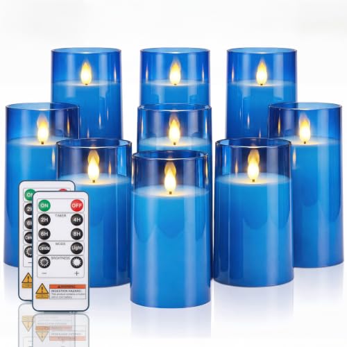 Image of Homemory Blue Flameless LED Pillar Candles with Remote Timer, Set of 9