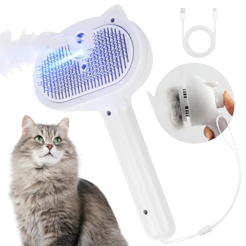 Image of Cat Steam Brush, 4 In 1 Steamy Cat Hair Brush Self-Cleaning Cat Brush for Shedding Pet Hair Grooming Brush with Release Button, Water Tank and Spray for Cats Dogs (White)
