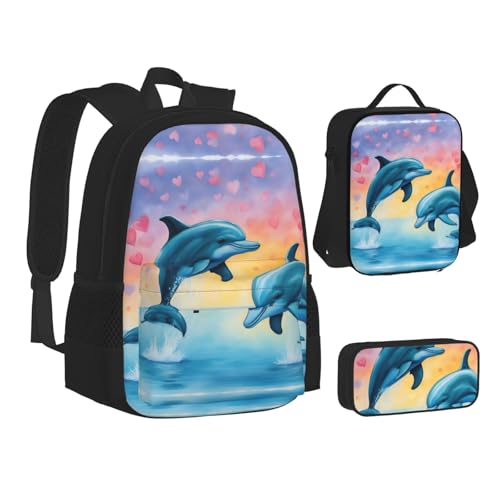 Dolphins In Love 3-Piece Set Backpack, Lunch Bag, And Pencil Case, Casual Cute Sets For Travel And College2