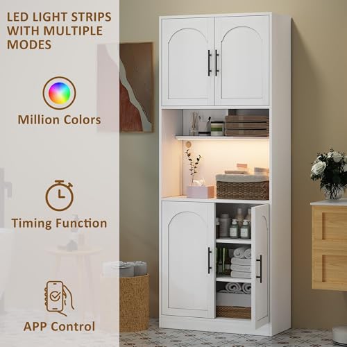 Garvee 71" Tall Pantry Cabinet with Countertop, Kitchen Cabinets with LED Light Strip & Microwave Shelf, Kitchen Hutch Storage Cabinet with Adjustable Shelves for Dining Room - White by Garvee - Image 4