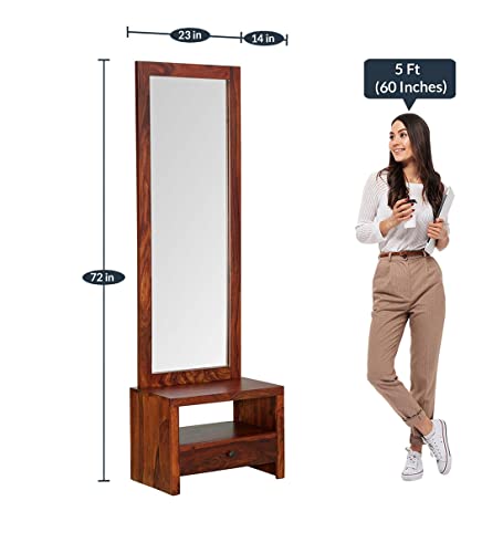 Image of Solid Sheesham Wood Dressing Table with Storage and Mirror | Dressing Table with 1 Drawer Storage (Solid Sheesham Wood, 58x35x182 CM, Teak Finish)