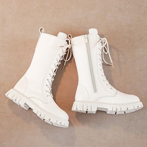 Lace Up Boot for Girl Plush Lined Warm Side Zipper Western Riding Boots Winter Mid Calf Combat Chunky Heel Snow Shoes3
