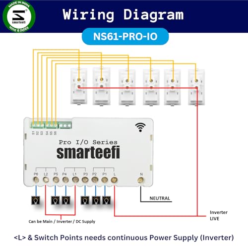 Image of smarteefi Wifi 6 Node Smart Switch (PRO-IO-SERIES), 2 Way, Retrofit Toggle Smart Switch Supports INVERTER + MAINS Together, Compatible With Alexa And Google Home (PRO-IO-SERIES, 6 Node), White