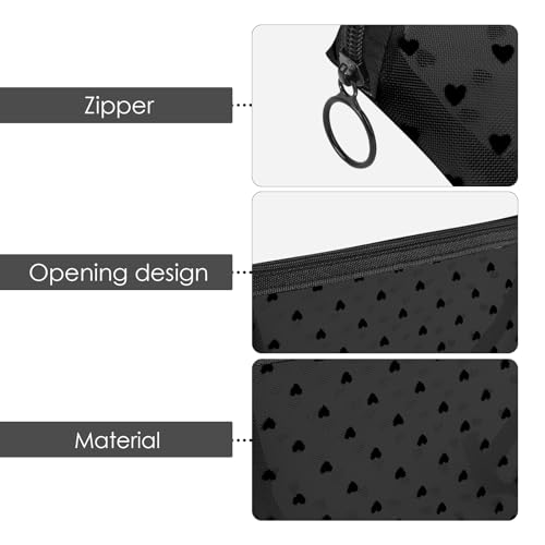 4 Pieces Mesh Cosmetic Bags, Portable Travel Mesh Makeup Bag, Heart Print Zipper Pouch Toiletry Bag for Women Girls (Black)2