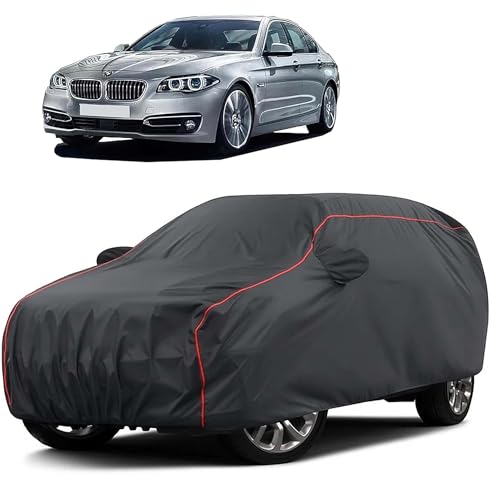 Image of Sulfar 100% Water Resistant Car Body Cover Compatible with Mirror for BMW 525i (Triple Stitched, Full Bottom Elastic, Dark Grey Taffeta with Red Piping)