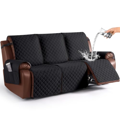 Image of KinCam Recliner Sofa Covers for 3 Seat, 100% Waterproof Reclining Couch Covers, Non-Slip Recliner Couch Cover Furniture Protector with Elastic Straps for Pets, Kids, Black