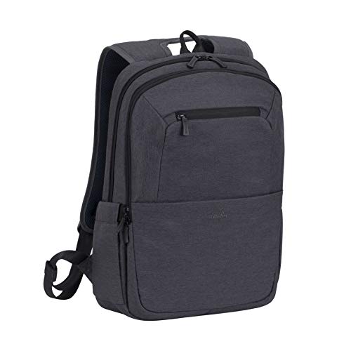 Rivacase ECO wasserfester Laptop-Rucksack mit einem Fach für Notebook bis 15,6 Zoll & Tablet bis 10,1 Zoll – dank Trolley-Gurt ideal als Reiserucksack – Laptoprucksack aus Polyester / (Schwarz)