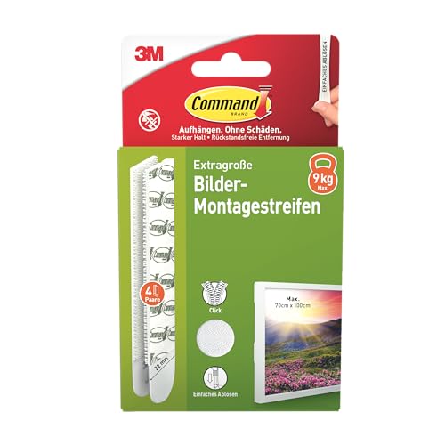 Command 17217WHI-4-DE - Lot de 4 x 2 (8 bandes) - Fixation blanche sans perçage - Pour cadres photos, miroirs et autres décorations - XL (extra large)