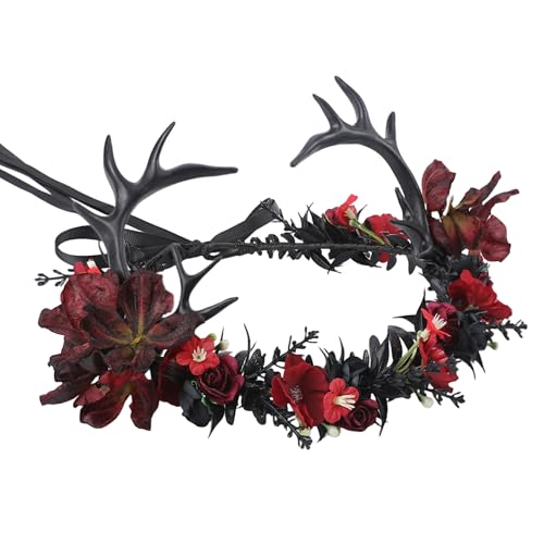 KorViSHOW Black Red Antler Crown Fairy Dark Elf Deer Horns Flower Headband Renaissance Gothic Forest Reindeer Floral Headpiece for Women Renfaire Outfit Hallween Cosplay Goth Wedding Accessories
