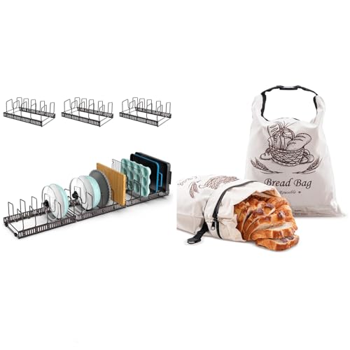 Image of Puricon Adjustable Dividers Pot Rack Pan Lid Organizer Bundle with Reusable Beeswax Bread Bags for Homemade Bread