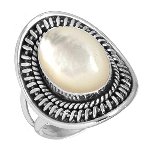 Jeweloporium Bague en argent sterling 925 avec nacre blanche, taille 54, bijou bohème en véritable pierre précieuse ovale.