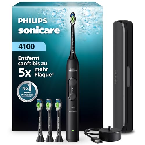 Philips Sonicare Series 4100 Elektrische Zahnbürste Schallzahnbürste mit Drucksensor 4 Putzeinstellungen EasyStart SmarTimer 21 Tage Laufzeit Reiseetui Schwarz HX4046/52 [Neu]
