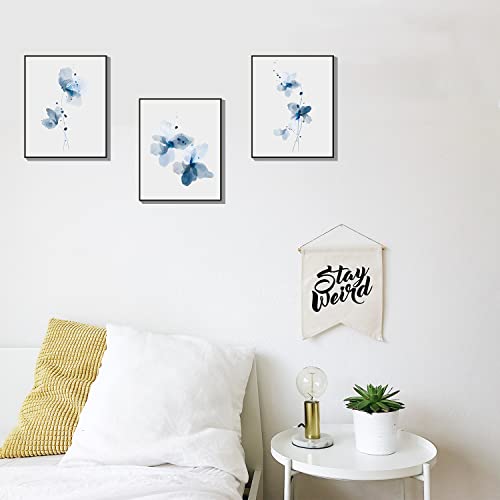 Asmaart Watercolor Light Blue Flower Wall Art Prints, Navy Botanical Plant Canvas Paintings, Floral Aesthetic Poster Pictures For Bedroom Bathroom Home Room Decor Set Of 3 Unframed (8X10) #TOP3