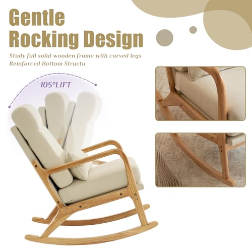 Karl home Nursery Rocking Chair Removable Glider Rocker High Backrest Rocking Armchair Mid-Century Accent Chair with Lumber Pillow for Bedroom, Living Room, Nursery, Beige