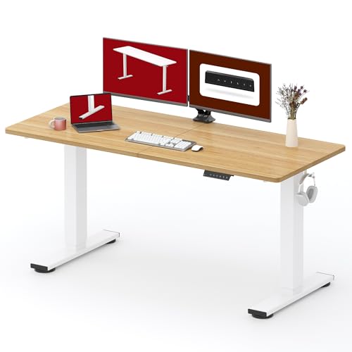 Image of SANODESK Height Adjustable Electric Standing Desk 63x24 Inches, Sit Stand Desk with Splice Board for Home Office, Ergonomic Computer Workstation, Study & Gaming, White Frame /Maple Top