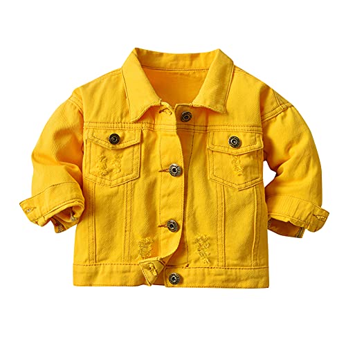 Toddler Baby Boys Girls Denim Jacket Kids Button Down Jeans Jacket Top Long Sleeve Ripped Distressed Trucker Jackets Cowboy Basic Casual Coat Outerwear with Pockets Yellow 5-6 Years