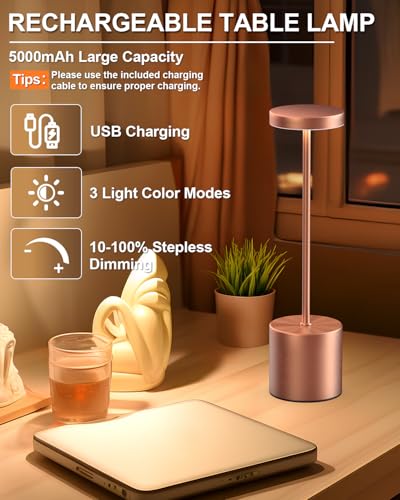 Image of Swinerton Cordless Table Lamps Rechargeable, Portable LED Desk Lamp, 5000mAh Battery Powered Wireless Table Light - 3 Color Dimmable Lighting for Restaurant Dining Patio Outdoor Bedroom(Rose Gold)