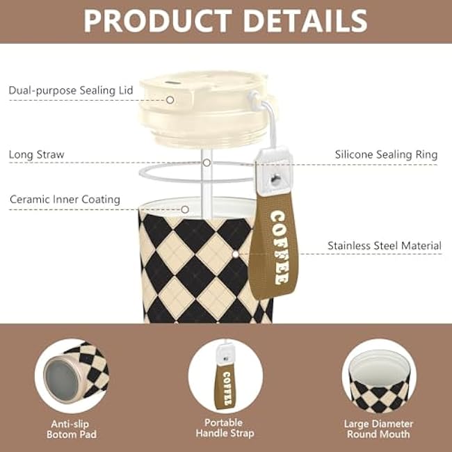Yuiboo Black Beige Checkerboards Travel Coffee Tumblers Mug Togo with Lid Stainless Steel Insulated up for Hot and Cold 17oz Spill Proof