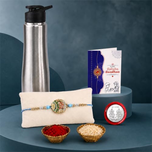 Oblivion Rakshabandhan combo Shree symbol Multicolor Rakhi for Bhaiya & Stainless Steel Water Bottle-1000ml with Tikka/Tilak set, Silver Color Pooja Coin & Greeting Card, Raksha bandhan gift