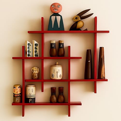 Image of Interlocking Wooden Wall Shelves Set of 1 Floating Wall Mounted Shelves for Home Decor | Storage Display Rack for Living Room, Bedroom & Office | Modern Wall Decoration Items (RED)