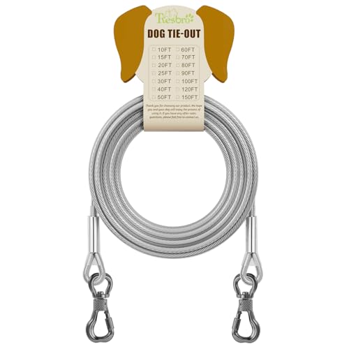Tresbro 15FT Reflective Tie Out Cable for Dogs Up to 250 Pounds, Steel Wire Lead Leash Cable with Stainless Dual Fix Buckle, Lightweight and Enduring, Dog Chains Outside for Outdoor,Yard,Camping
