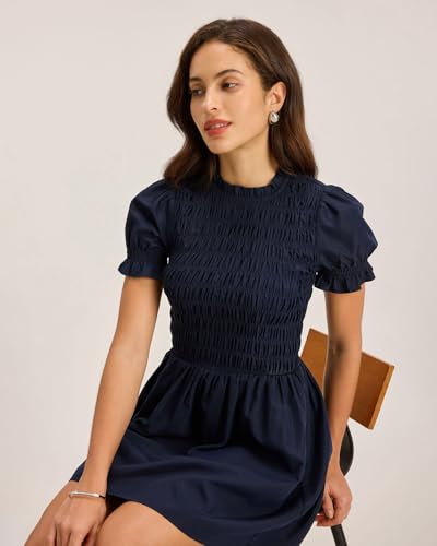 Image of RIHOAS Plaid Gingham Midi Dress Short Sleeve Smocked Dresses for Women | Cotton,Ruffle Puff Sleeves,Vintage Brown,Spring Summer Casual Daily,Picnic,Travel,Vacation,Christmas Festive Occasions