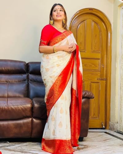 Image of Flosive Women's Kanjivaram Silk Saree With Beautiful Blouse With Zari Border