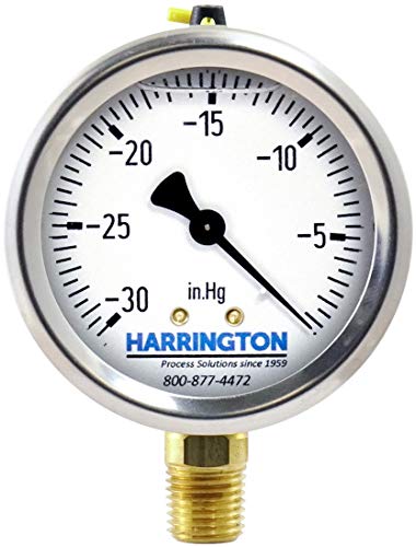 Harrington 52895686 2-1/2" Liquid Filled Vacuum Gauge -30 inHg/0 psi 304 Stainless Steel with Vented Fill Plug 1/4" NPT Bottom Mount Industrial Grade A +/- 2/1/2% Accuracy ASME B40.100 Model 213.53