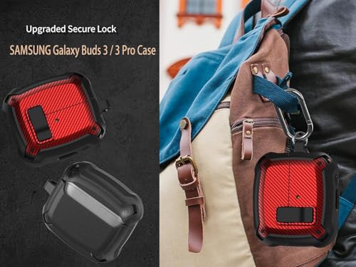Image of Galaxy Buds 3 Pro /3 /3 FE Case Cover with Secure Lock Clip, Shockproof Samsung Galaxy Buds3 /3 Pro 2024 /3 FE 2025 Protective Hard Cover Shell with Carabiner&Cleaner kit for Men Women, CF Black /Red