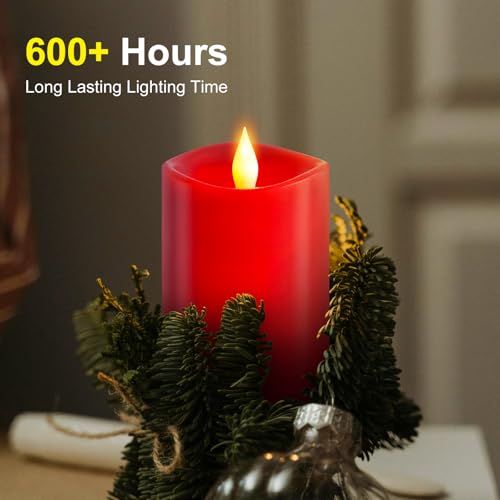 Image of 1PCS, 3 x 5 inches Flameless Candle with Remote Control, 3D Flickering Wick, Real Wax Pillar LED Candles, Battery Candles,with Timer,for Holiday Home Decor, Red