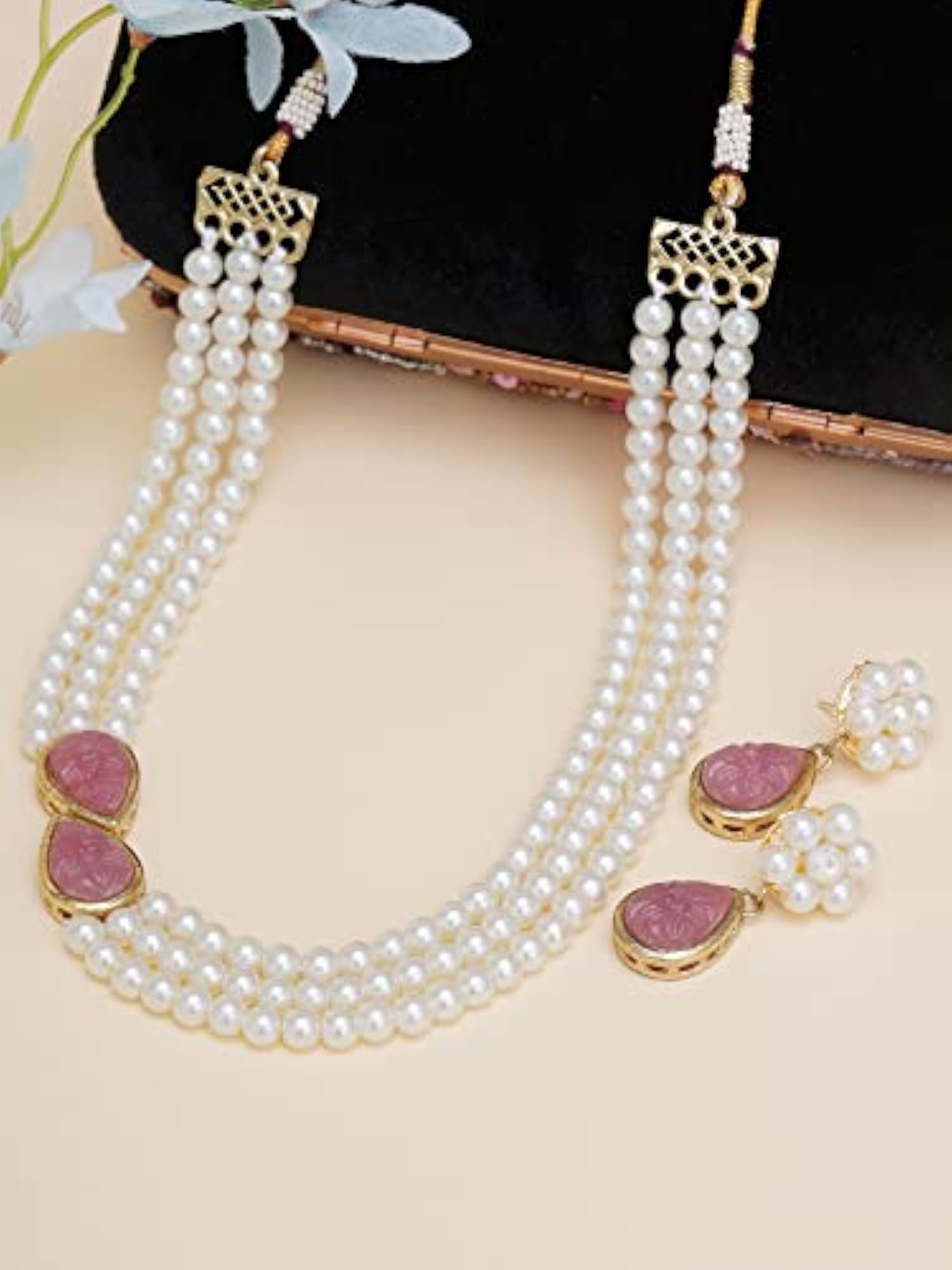 Women's Stone Studded Pearl Kundan Necklace Set