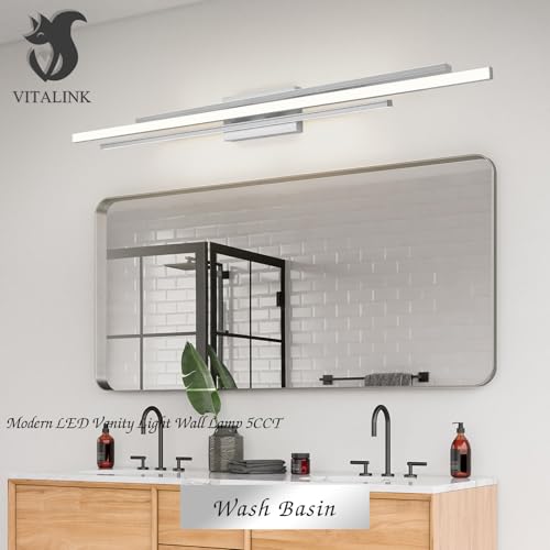 Image of VitaLink 48 Inches Long Nickel LED Modern Bathroom Vanity Light Fixtures 25W Dimmable 5CCT Vanity Light Bar Over Mirror 3-Light Wall Light for Bathroom Over Mirror Picture Light