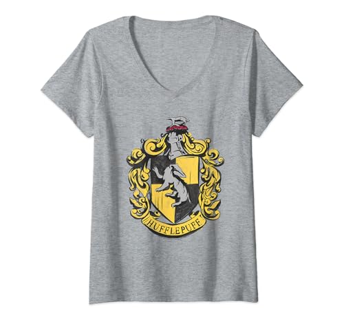 Image of Womens Harry Potter Drawn Hufflepuff Crest V-Neck T-Shirt