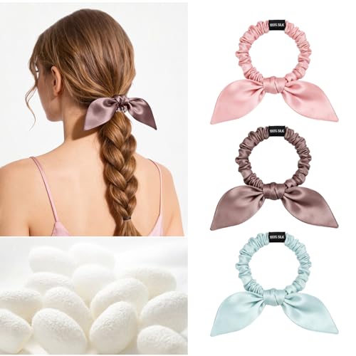 Image of THXSILK 100% Mulberry Silk Bow Scrunchies 3-Pack, 22 Momme Cute Bunny Ear Hair Ties for Women, No Damage Ponytail Holders for Fine Hair, Kawaii Hair Accessories for Girls(Pink, Purple, Ice Blue)