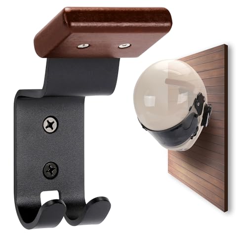 TOKCKYBL Motorcycle Helmet Holder Wall Mount - Solid Wood & Steel Gear Organizer Rack with 2 Hooks, Heavy Duty Display Hanger for Helmets, Football Gear, Ski Equipment, Hats, Jackets