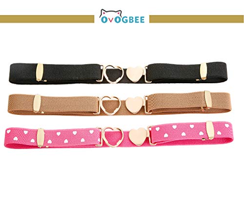 Ovogbee Elastic Stretch Belts For Girls 3 Pack Little Toddler Teen Kids Adjustable Uniform Belt Girls Fashion Belt Heart Black/Pink/Brown #TOP3