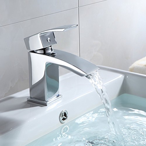 Hapilife Basin Taps Waterfall with Pop up Waste Slotted Square Bathroom Sink Mixer Tap with G1/2 UK Standard Hoses Single Lever Mono Monobloc Modern Cloakroom Faucet 1 Hole