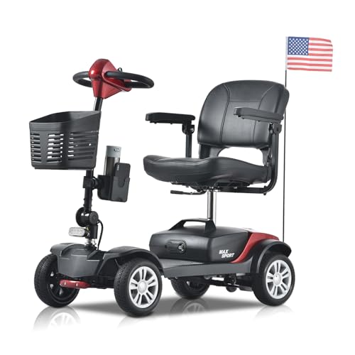Deluxe Portable Electric Mobility Scooter, Easy Collapsible 400lbs Weight Capacity Travel Scooter,4 Wheel Mobility Scooters - Electric Powered Wheelchair -with Charger and Basket Included (red)