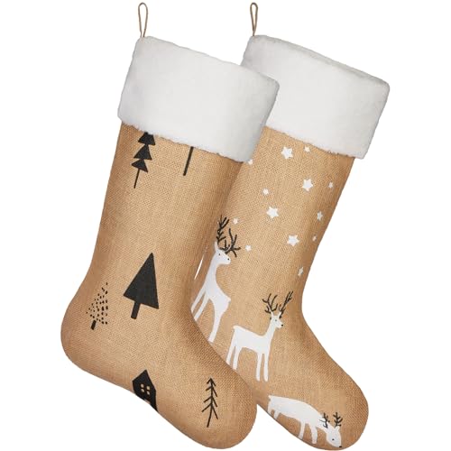 Brubaker Set di 2 Calze di Natale da Riempire e Appendere - Calze di Babbo Natale da 52 cm per Natale e San Nicola - Decorazione Natalizia Calze di Natale in Juta - Abeti e Renne