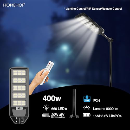Image of Homehop Solar Light Outdoor Home Garden Street Automatic 400W Night Lamp | Solar Street Light Outdoor 660 LED Waterproof Motion Sensor for Wall, Yard and Pathway with Pole (15000mAh, Cool White, ABS)