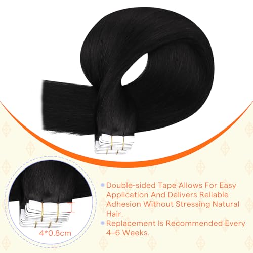Image of Full Shine Tape in Hair Extensions Human Hair Invisible Hand Tied Weft Color 1 Jet Black Straight Remy Skin Weft Tape in Extensions Natural Seamless Brazilian Extension 20pcs 50g 20 Inch Add Length