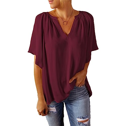 JEKE-DG Womens 3/4 Sleeve Chiffon Blouse Shirt Loose Pleated Flowy Tunic Tops Casual V Neck Solid Summer Shirt (XX-Large,Wine Red)