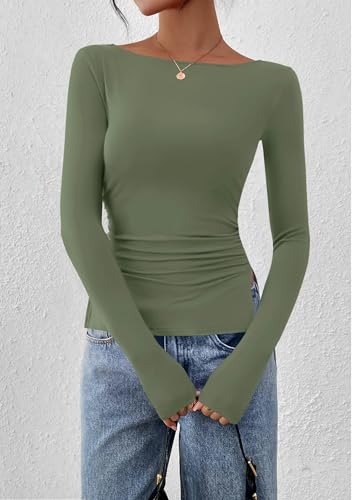 KIRUNDO Long Sleeve Going Out Tops for Women 2026 Spring Casual Boat Neck Workout Shirts Fall Fitted Side Slit Basic Tees(Green, XX-Large) — view 3