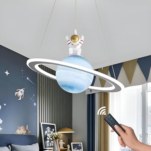 Xiyocadt Lampara Astronauta Infantil Techo,Lamparas Planeta de Techo Dormitorio Juveniles Chico Luz Variable con Control Remoto 40W 45CM Led Luna Lampara,Azul