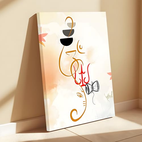 Image of PAINTINGMANTRA Stretched Canvas Wall Painting, Abstract Modern Om Ganesha Minimalist Line Religious work for Living Room, Home, Bedroom, Office Decoration (Pack of 1, 12x16 Inch)