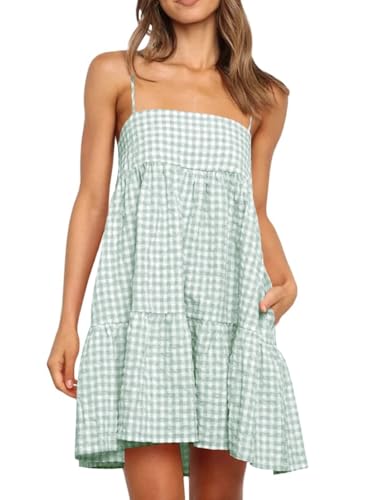Image of Womens Summer Plaid A-line Sleeveless Casual Flowy Mini Sundress