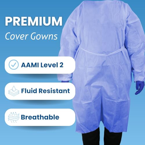 HCS XL Isolation Gowns - Disposable Gowns, Medical - SMS, AAMI Level 2, PPE Gown Disposable - Elastic Cuffs, Neck Tape & Waist Tie - Home, Clinic, Dentist, Hospital - Blue Gown (10 Pack) - Thumbnail 2