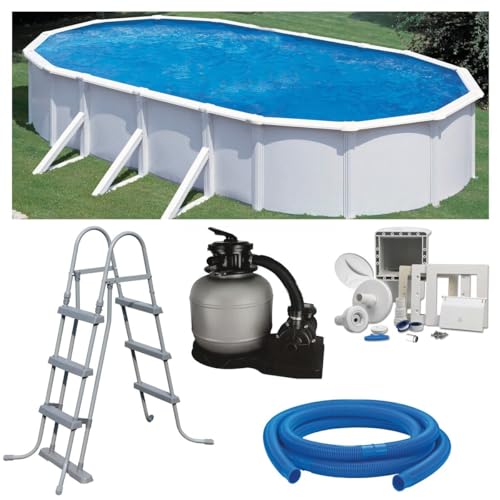 Planet Pool Premium Ovalpool-Set 5,35 x 3,00 x 1,20 m, frei aufstellbar, feuerverzinkte Stahlwand, UV-stabilisierte Innenhülle, Skimmer, Sandfilter mit 4 m³/h und 6-Wege-Ventil, Sicherheitsleiter